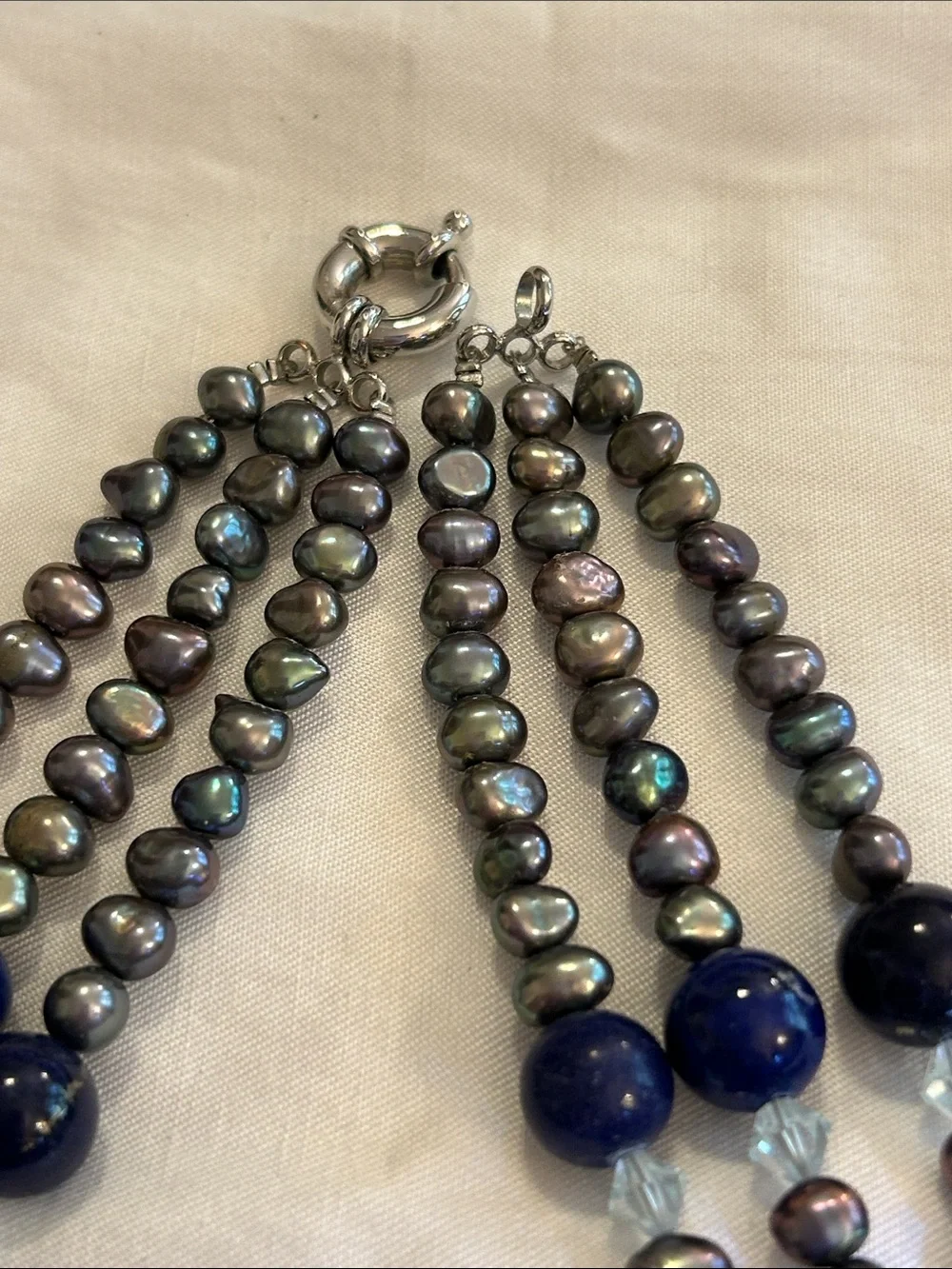 Multi-Strand Lapis Lazuli, Peacock Pearl Bead Necklace with Abalone Pendant